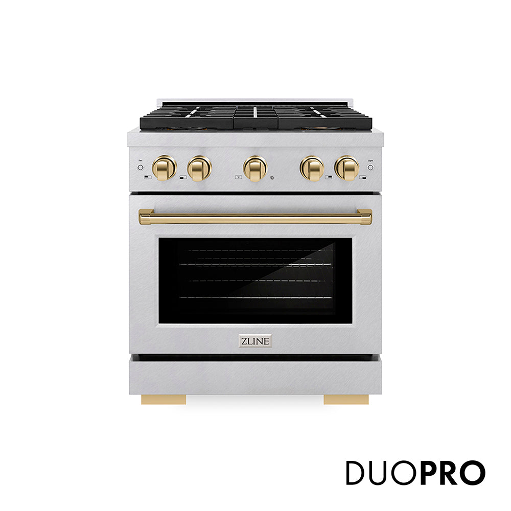 ZLINE Autograph Edition Paramount 30-inch range in satin stainless steel and polished gold accents PSGRSZ-30-G