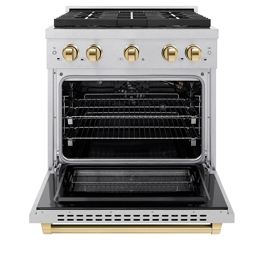 ZLINE Autograph Edition Paramount 30-inch range in satin stainless steel and polished gold accents PSGRSZ-30-G, front view