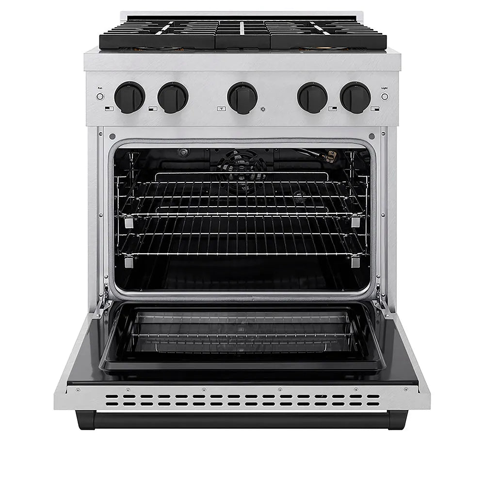 ZLINE Autograph Edition Paramount 30-inch range in satin stainless steel and matte black accents PSGRSZ-30-MB, front view