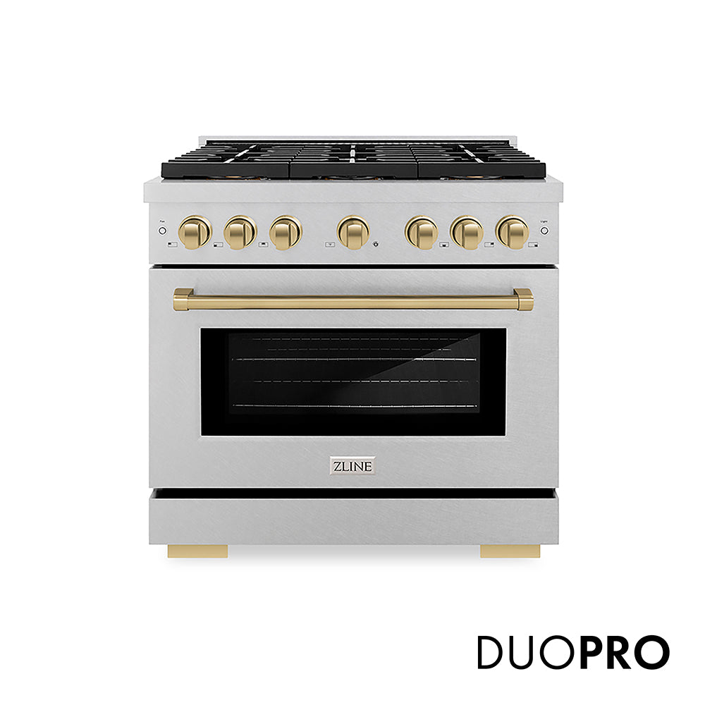 ZLINE Autograph Edition Paramount 36-inch range in satin stainless steel and champagne bronze accents PSGRSZ-36-CB