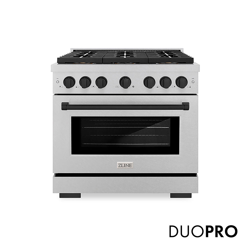 ZLINE Autograph Edition Paramount 36-inch range in satin stainless steel and matte black accents PSGRSZ-36-MB