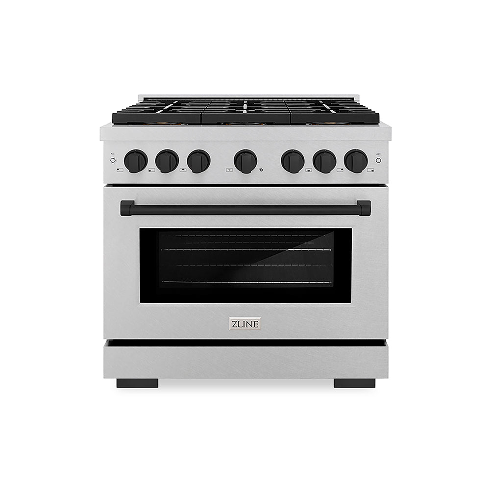 ZLINE Autograph Edition Paramount 36-inch range in satin stainless steel and matte black accents PSGRSZ-36-MB, front view