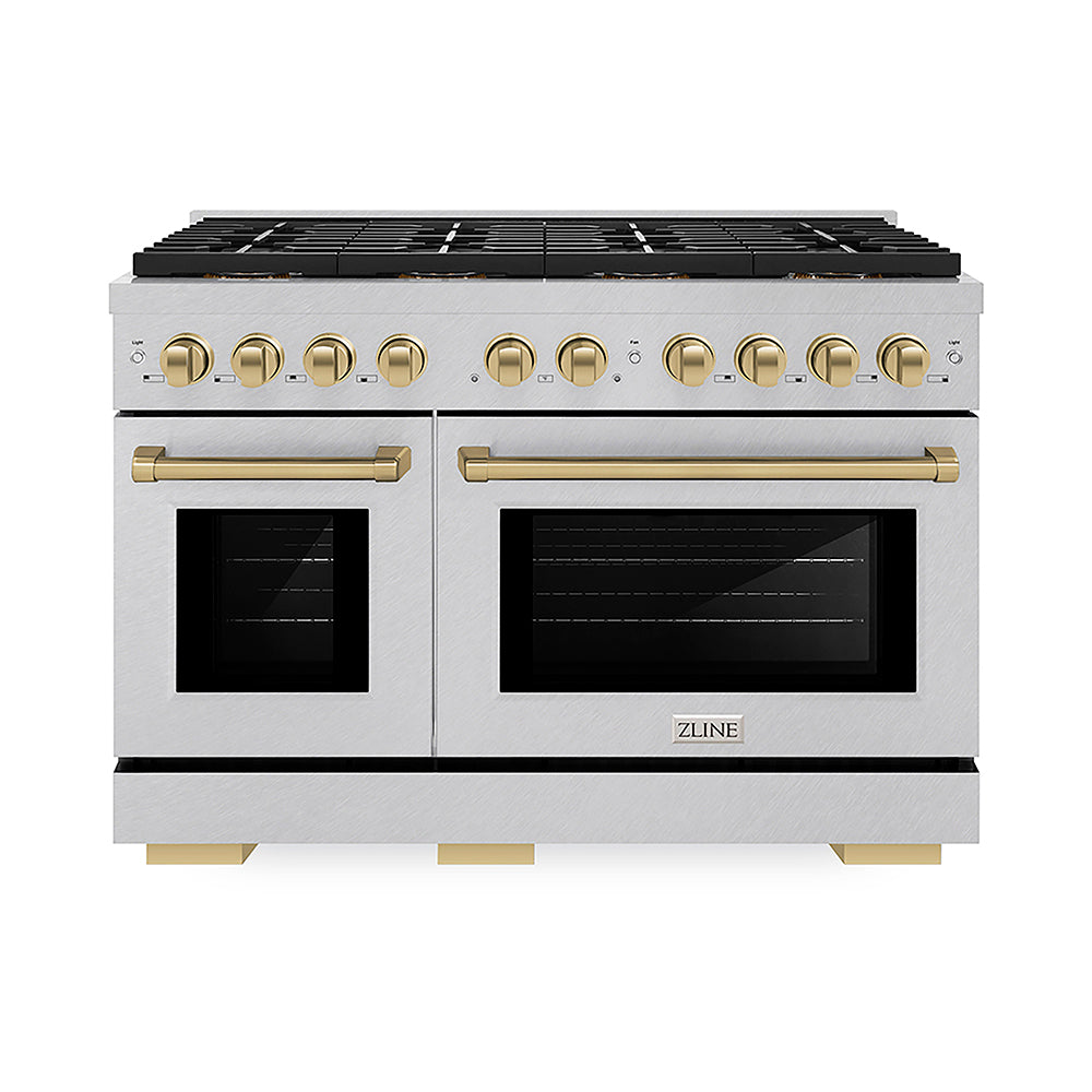 ZLINE Autograph Edition Paramount 48-inch range in satin stainless steel and champagne bronze accents PSGRSZ-48-CB, front view
