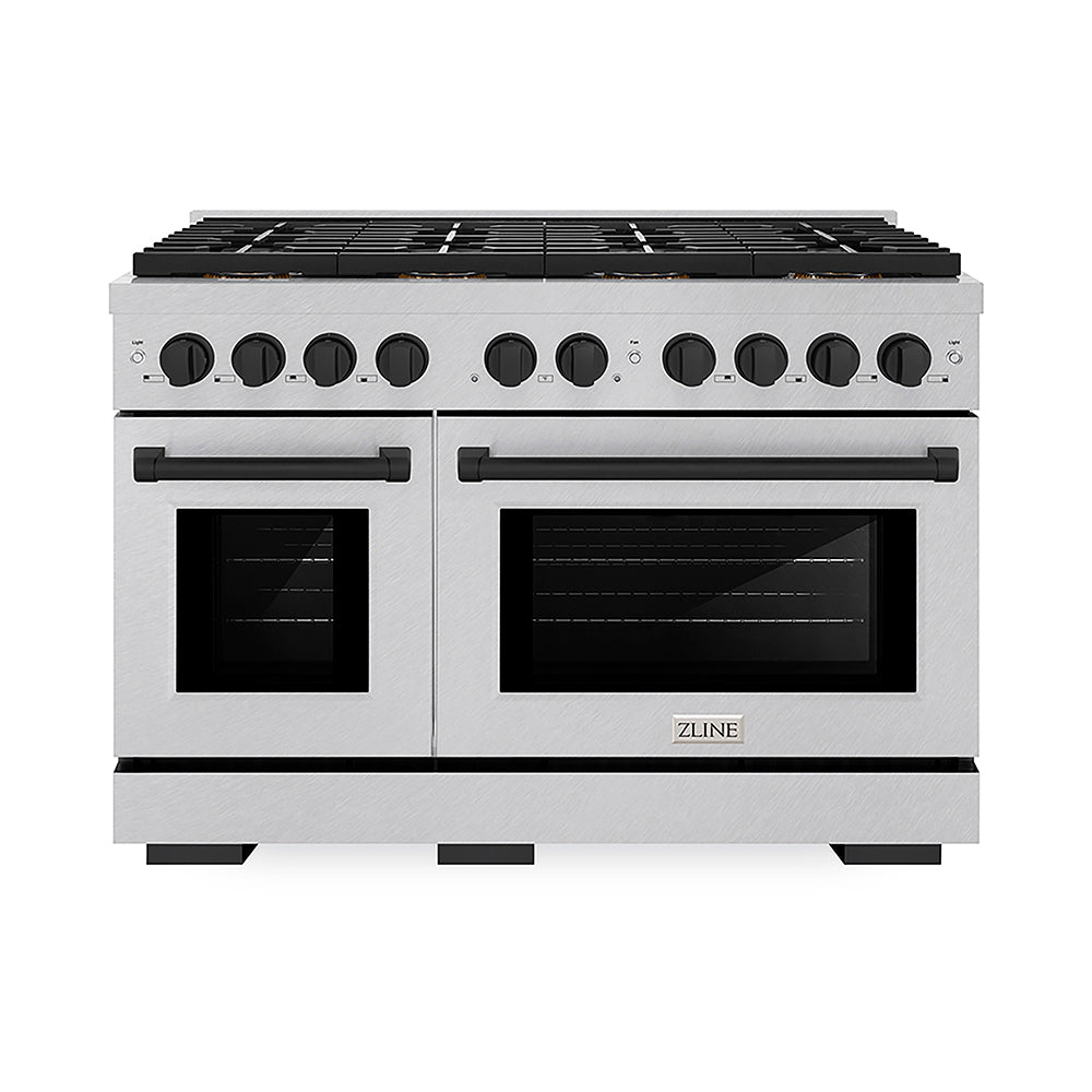 ZLINE Autograph Edition Paramount 48-inch range in satin stainless steel and matte black accents PSGRSZ-48-MB, front view