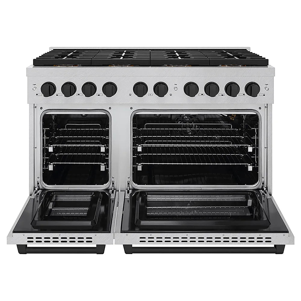 ZLINE Autograph Edition Paramount 48-inch range in satin stainless steel and matte black accents PSGRSZ-48-MB, front view