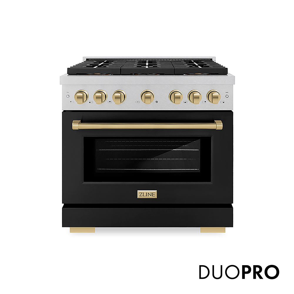 ZLINE Autograph Edition Paramount 36-inch range in satin stainless steel with black matte door and champagne bronze accents PSGRSZ-BLM36-CB