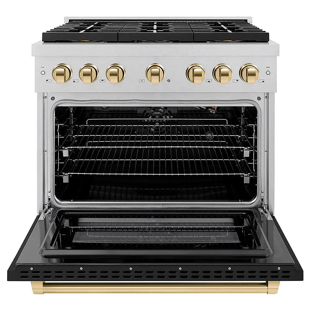 ZLINE Autograph Edition Paramount 36-inch range in satin stainless steel with black matte door and polished gold accents PSGRSZ-BLM36-G, front view