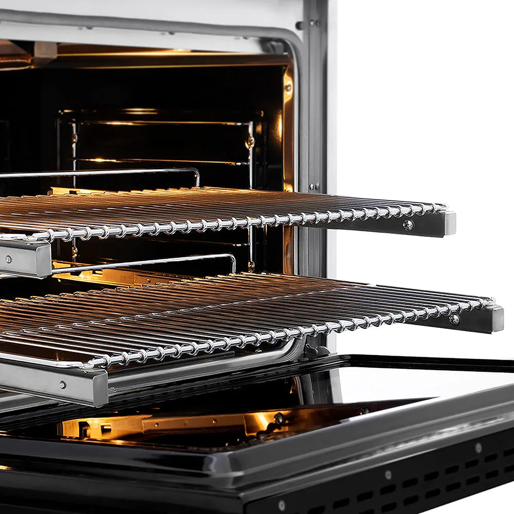 ZLINE Autograph Edition Paramount 36-inch range in satin stainless steel with black matte door and polished gold accents PSGRSZ-BLM36-G, from above