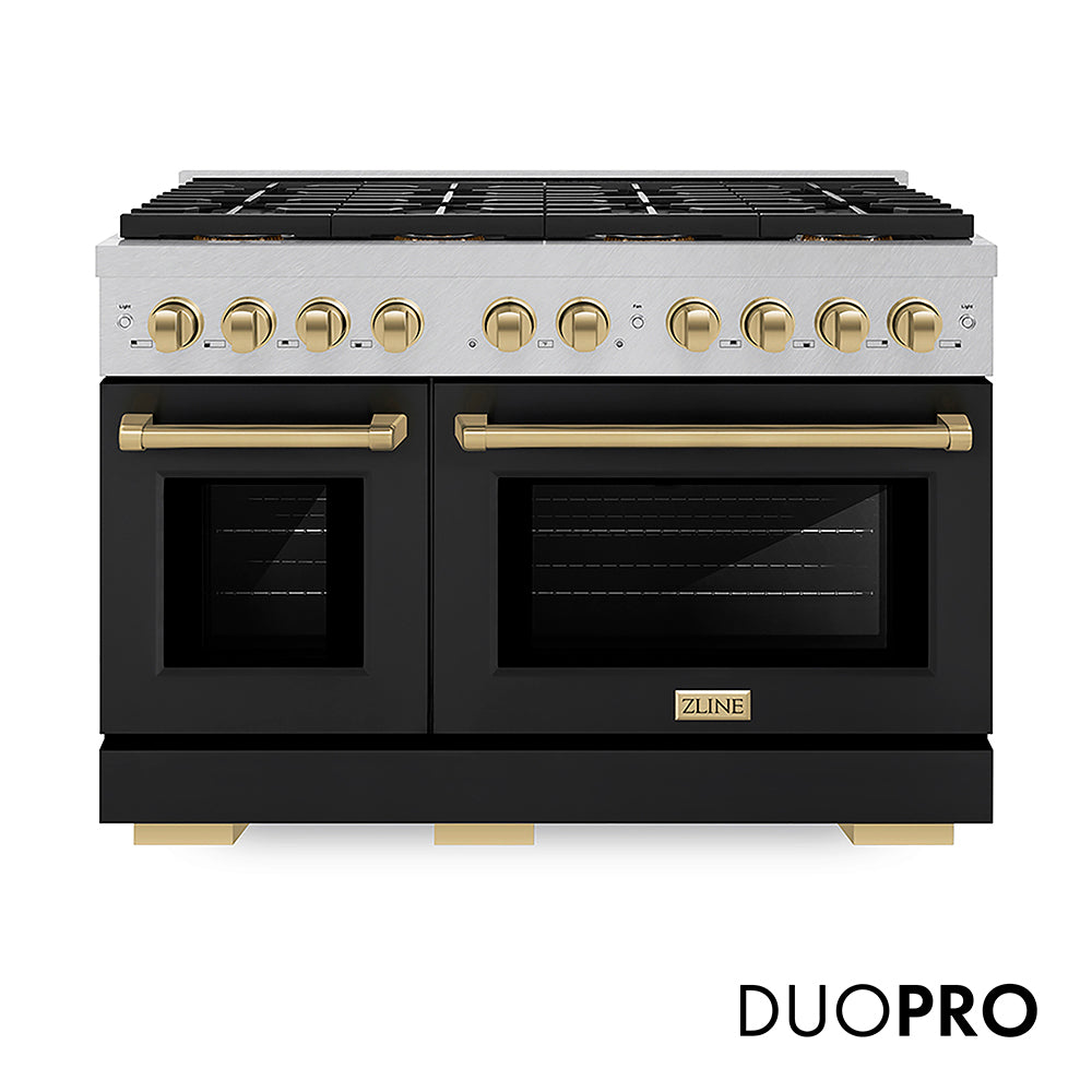 ZLINE Autograph Edition Paramount 48-inch range in satin stainless steel with black matte door and champagne bronze accents PSGRSZ-BLM48-CB