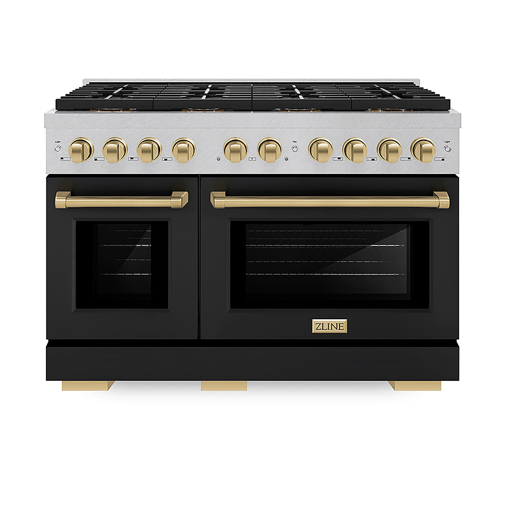 ZLINE Autograph Edition Paramount 48-inch range in satin stainless steel with black matte door and champagne bronze accents PSGRSZ-BLM48-CB, front view