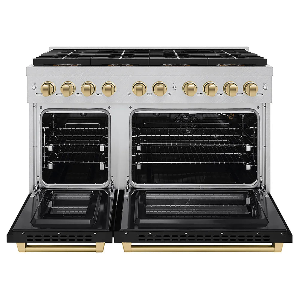 ZLINE Autograph Edition Paramount 48-inch range in satin stainless steel with black matte door and champagne bronze accents PSGRSZ-BLM48-CB, front view