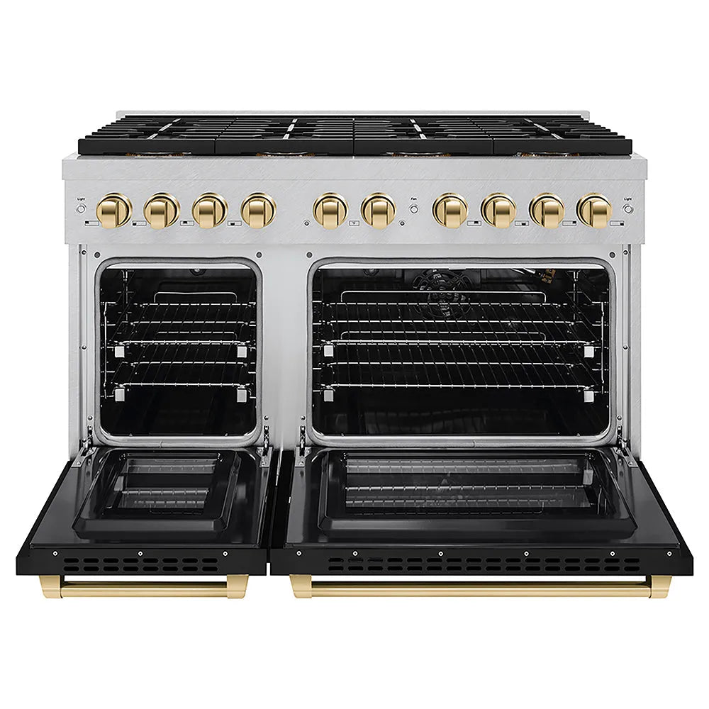 ZLINE Autograph Edition Paramount 48-inch range in satin stainless steel with black matte door and polished gold accents PSGRSZ-BLM48-G, front view