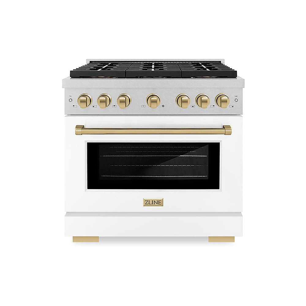 ZLINE Autograph Edition Paramount 36-inch range in satin stainless steel with white matte door and champagne bronze accents PSGRSZ-WM-36-CB, front view
