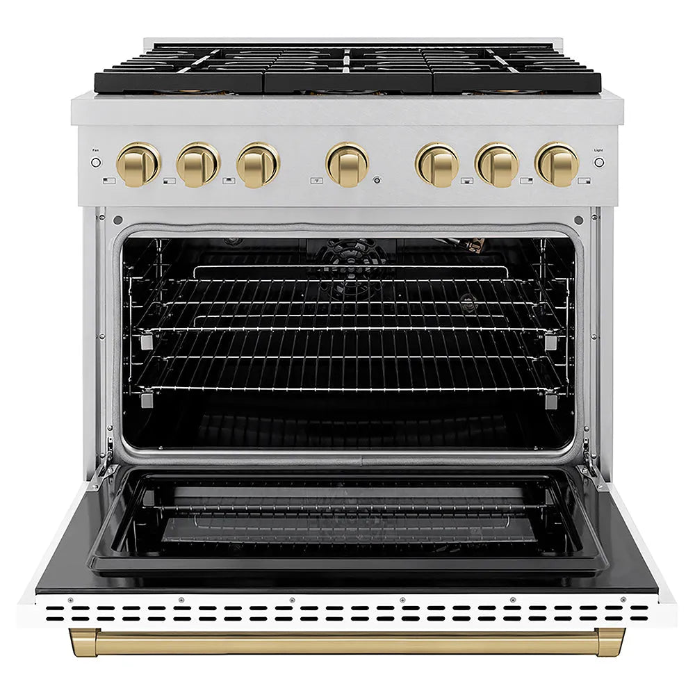 ZLINE Autograph Edition Paramount 36-inch range in satin stainless steel with white matte door and champagne bronze accents PSGRSZ-WM-36-CB, front view