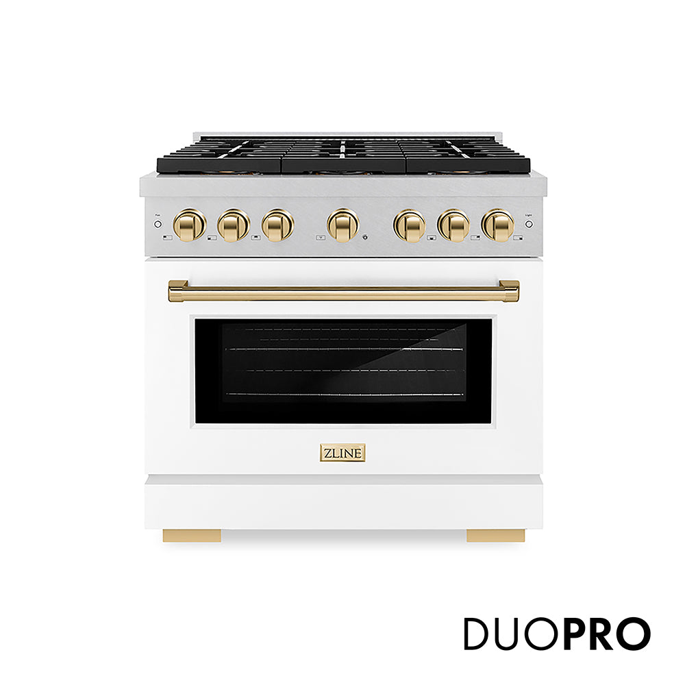 ZLINE Autograph Edition Paramount 36-inch range in satin stainless steel with white matte door and polished gold accents PSGRSZ-WM-36-G