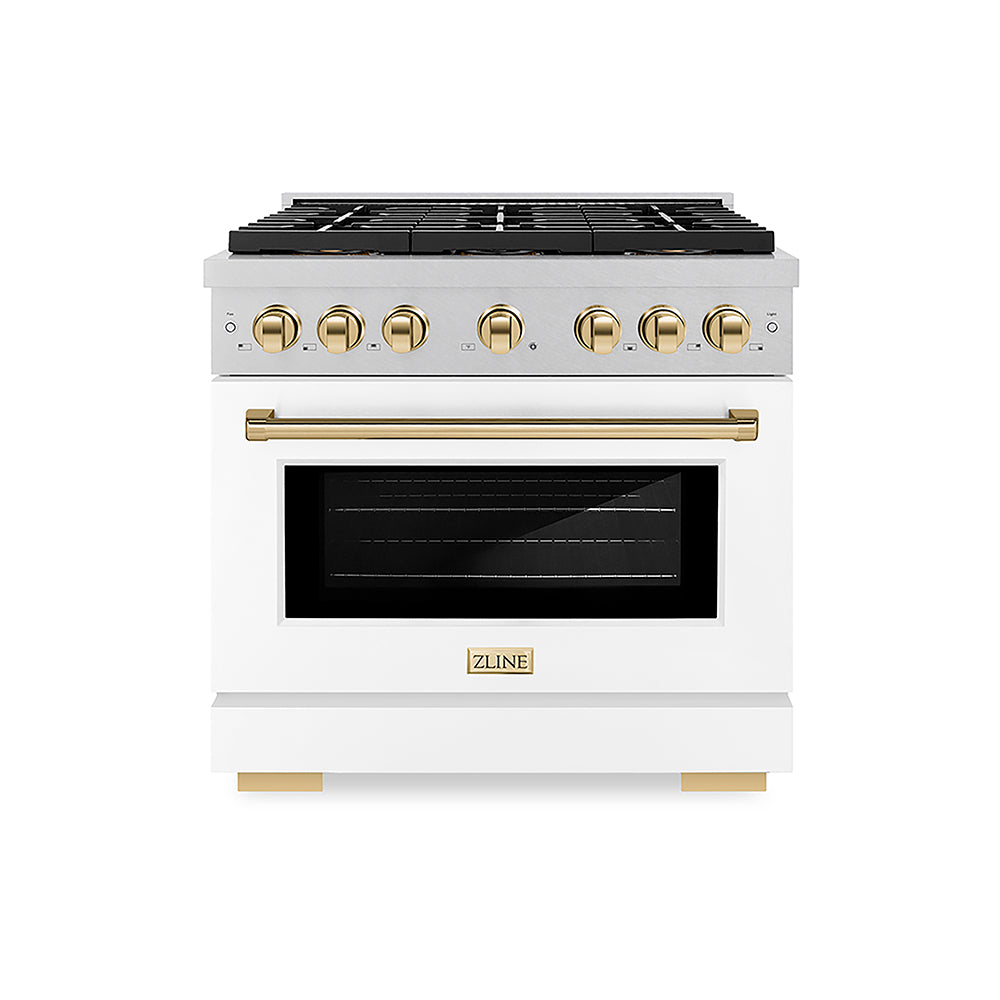 ZLINE Autograph Edition Paramount 36-inch range in satin stainless steel with white matte door and polished gold accents PSGRSZ-WM-36-G, front view