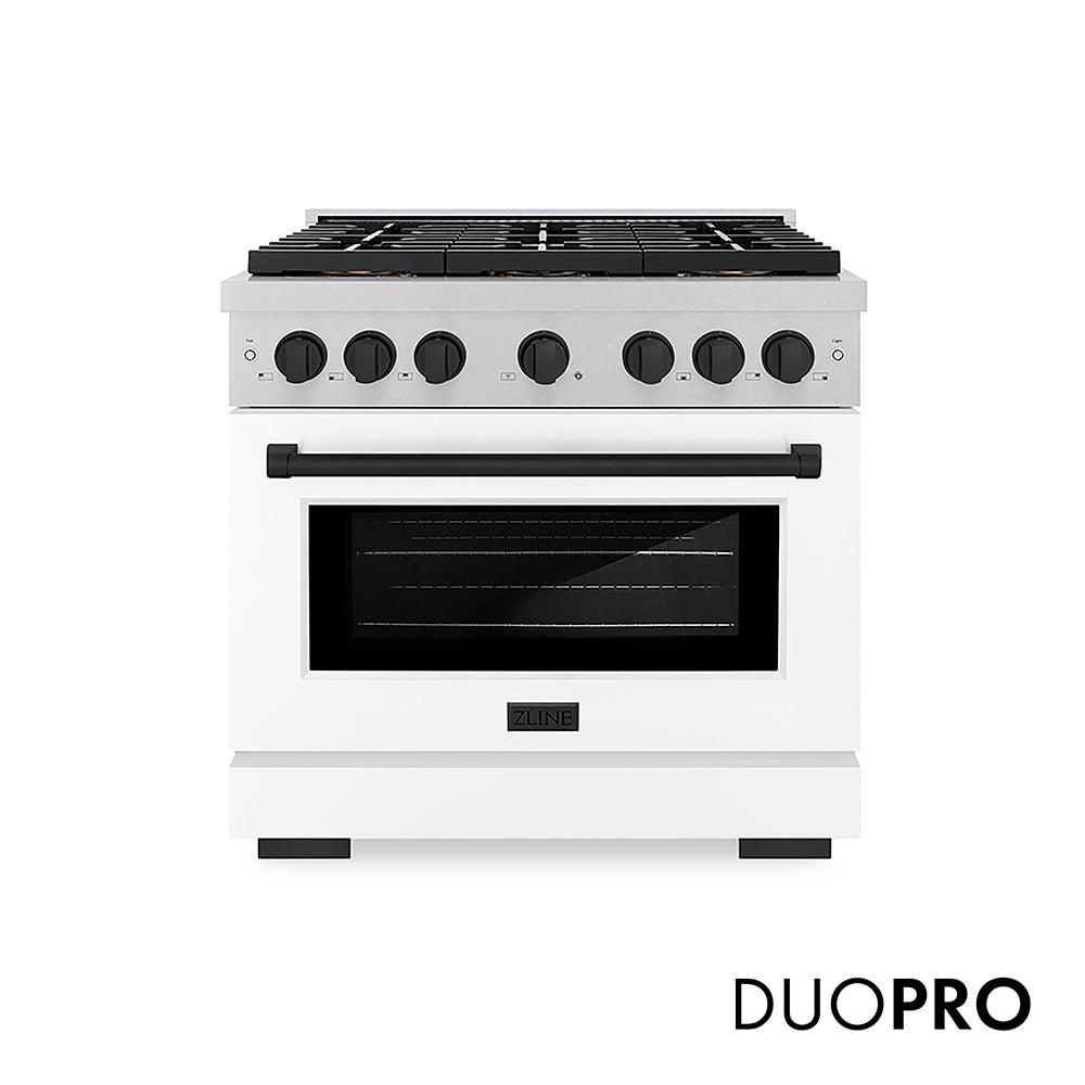 ZLINE Autograph Edition Paramount 36-inch range in satin stainless steel with white matte door and matte black accents PSGRSZ-WM-36-MB