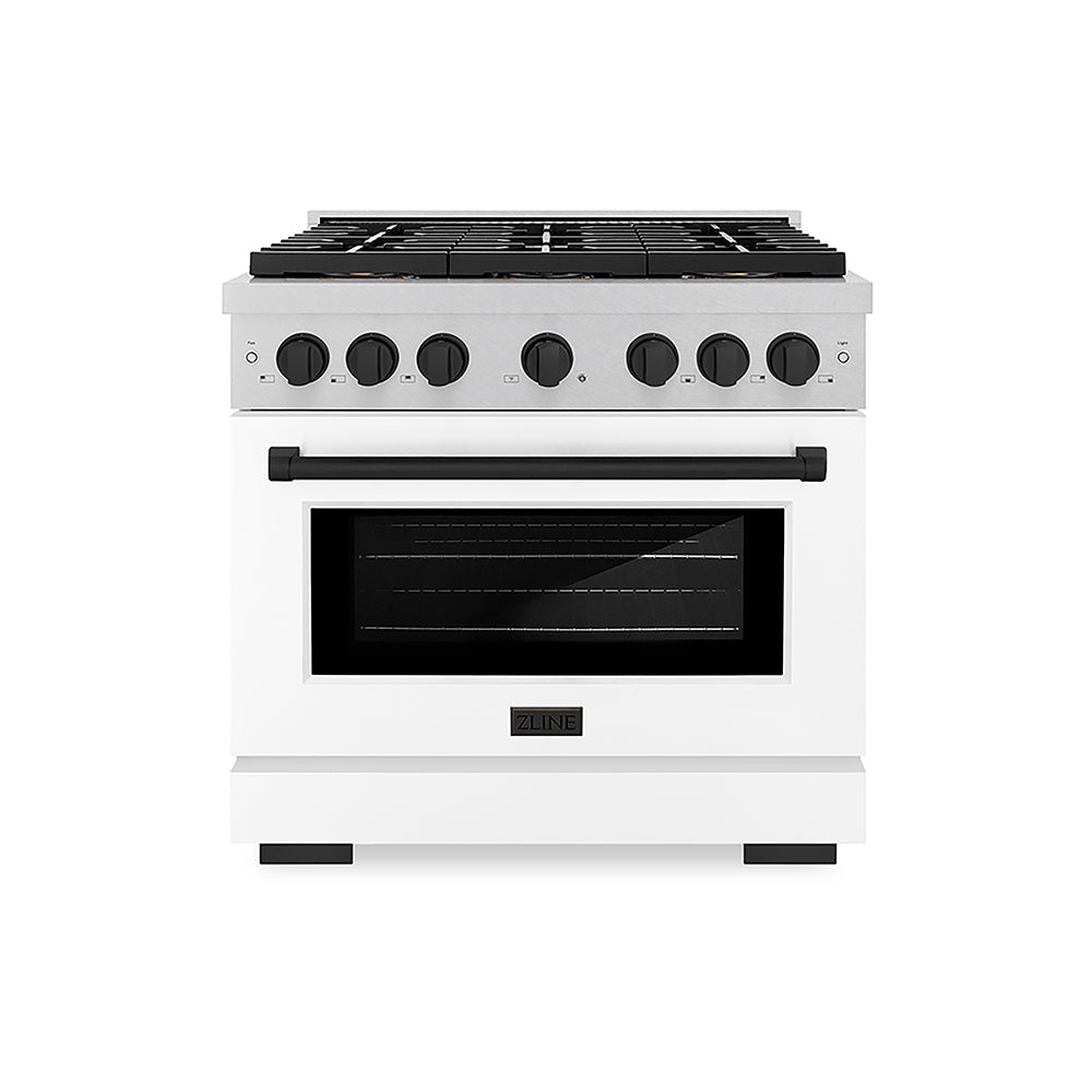 ZLINE Autograph Edition Paramount 36-inch range in satin stainless steel with white matte door and matte black accents PSGRSZ-WM-36-MB, front view