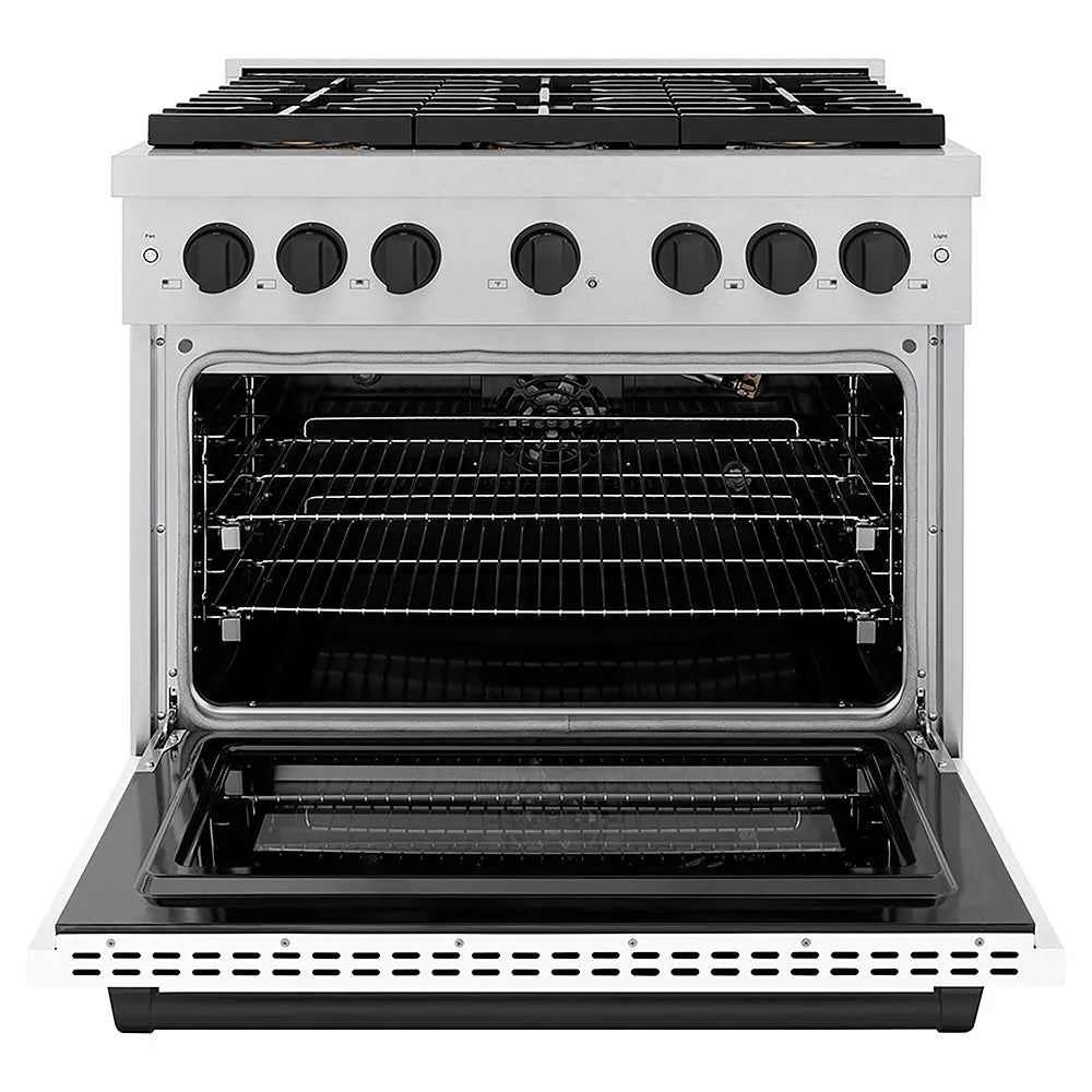 ZLINE Autograph Edition Paramount 36-inch range in satin stainless steel with white matte door and matte black accents PSGRSZ-WM-36-MB, front view