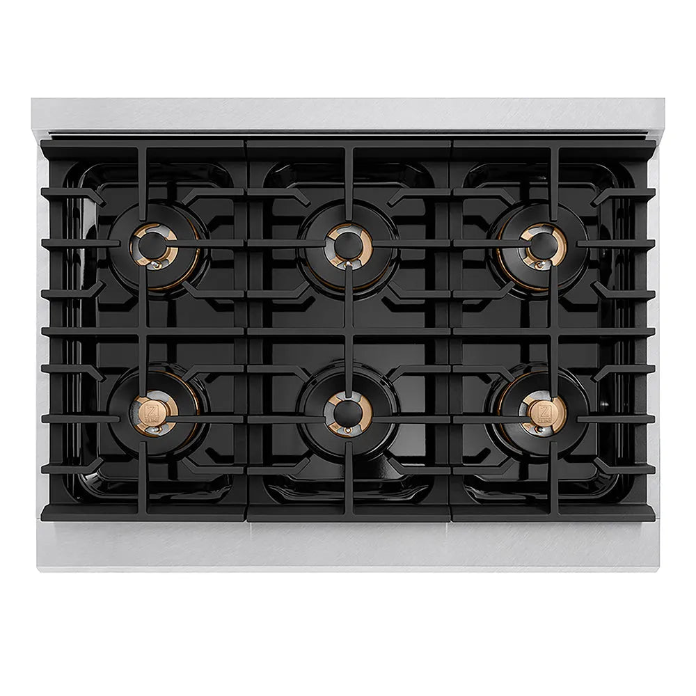 ZLINE Autograph Edition Paramount 36-inch range in satin stainless steel with white matte door and matte black accents PSGRSZ-WM-36-MB, from above