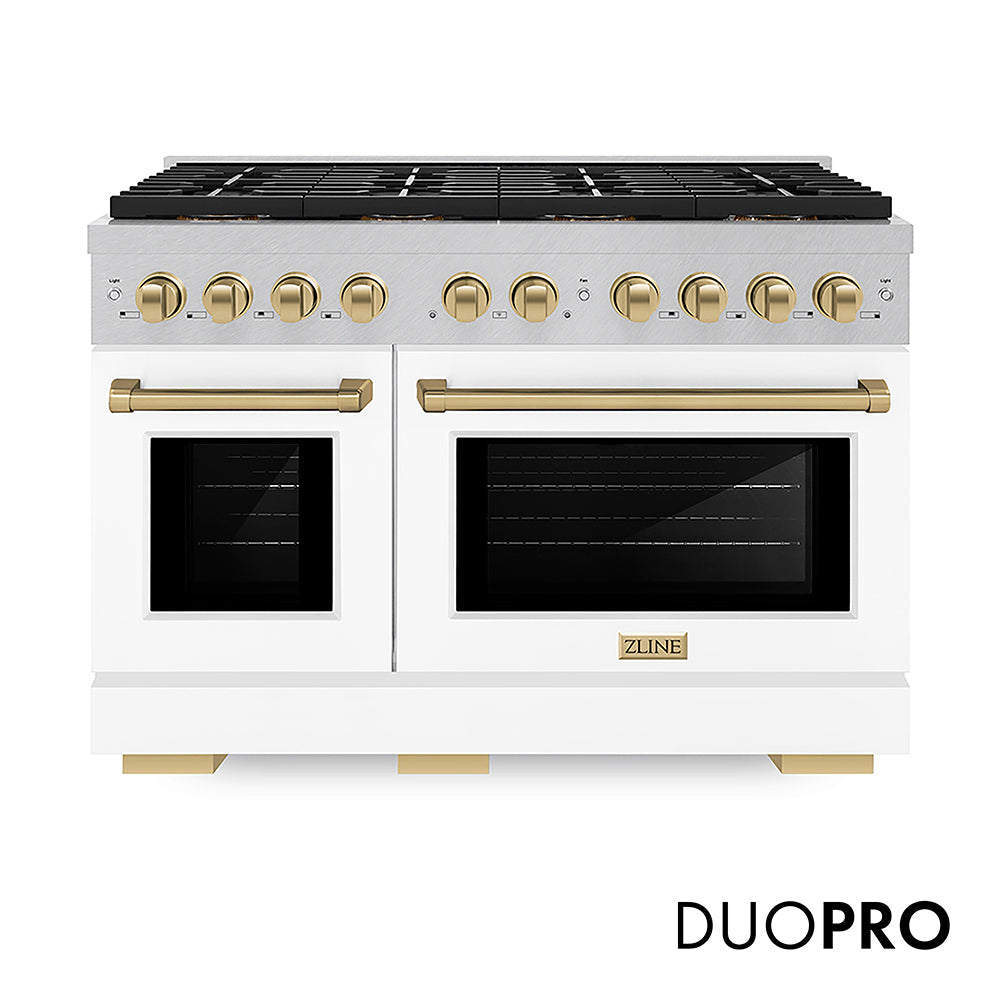 ZLINE Autograph Edition Paramount 48-inch range in satin stainless steel with white matte door and champagne bronze accents PSGRSZ-WM-48-CB