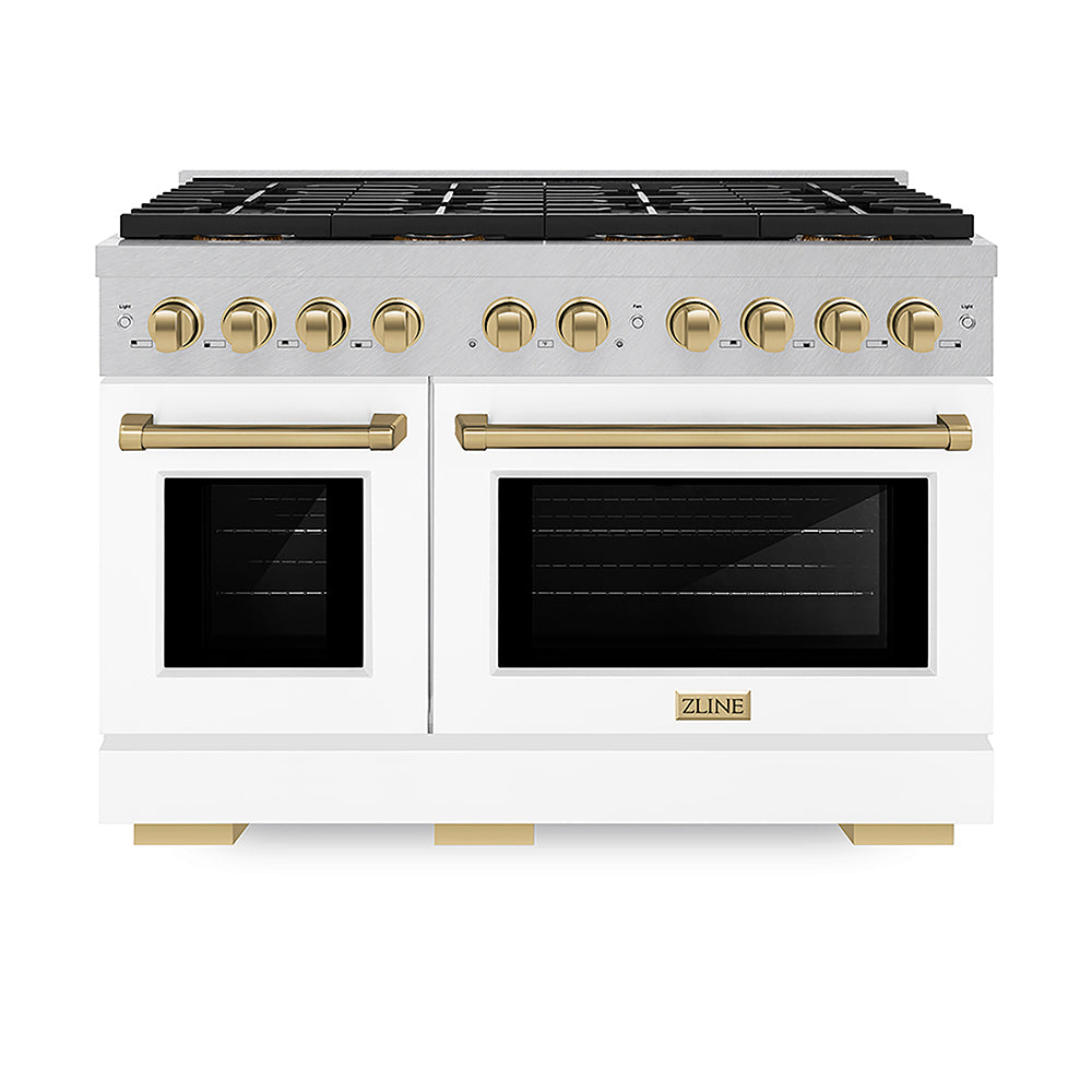 ZLINE Autograph Edition Paramount 48-inch range in satin stainless steel with white matte door and champagne bronze accents PSGRSZ-WM-48-CB, front view