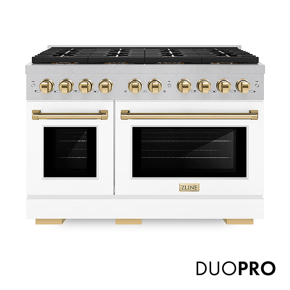 ZLINE Autograph Edition Paramount 48-inch range in satin stainless steel with white matte door and polished gold accents PSGRSZ-WM-48-G