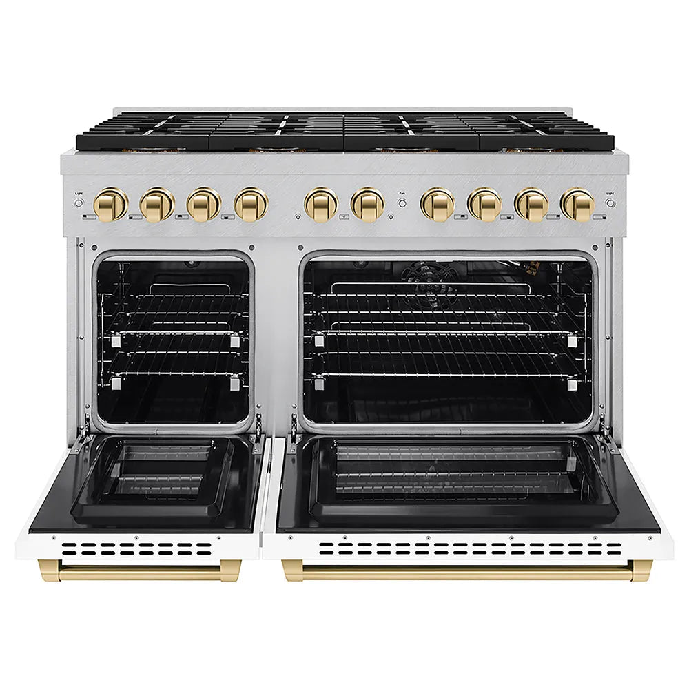ZLINE Autograph Edition Paramount 48-inch range in satin stainless steel with white matte door and polished gold accents PSGRSZ-WM-48-G, front view
