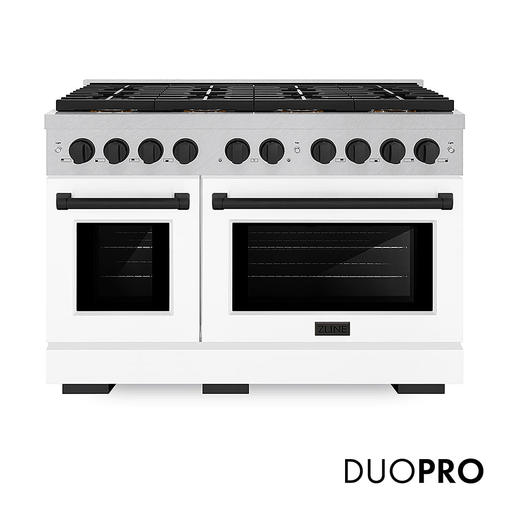 ZLINE Autograph Edition Paramount 48-inch range in satin stainless steel with white matte door and matte black accents PSGRSZ-WM-48-MB