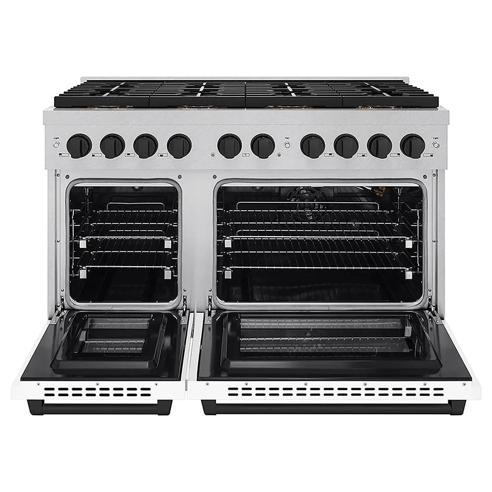 ZLINE Autograph Edition Paramount 48-inch range in satin stainless steel with white matte door and matte black accents PSGRSZ-WM-48-MB, front view