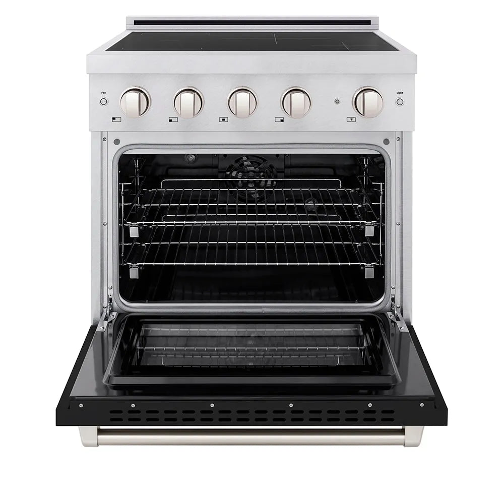 ZLINE Paramount 30-inch range in satin stainless steel with black matte door SINRS-BLM-30, front view