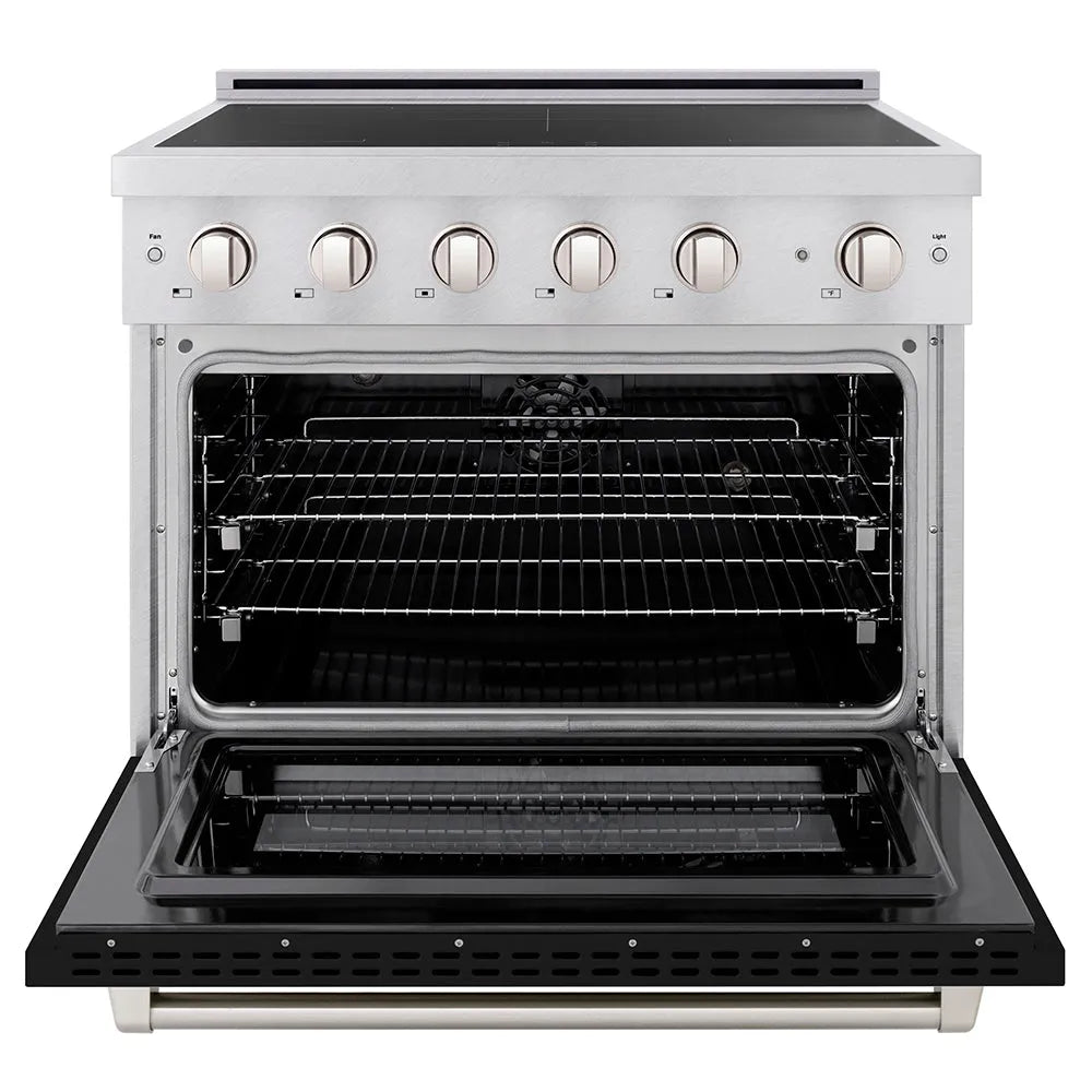 ZLINE Paramount 36-inch range in satin stainless steel with black matte door SINRS-BLM-36, front view