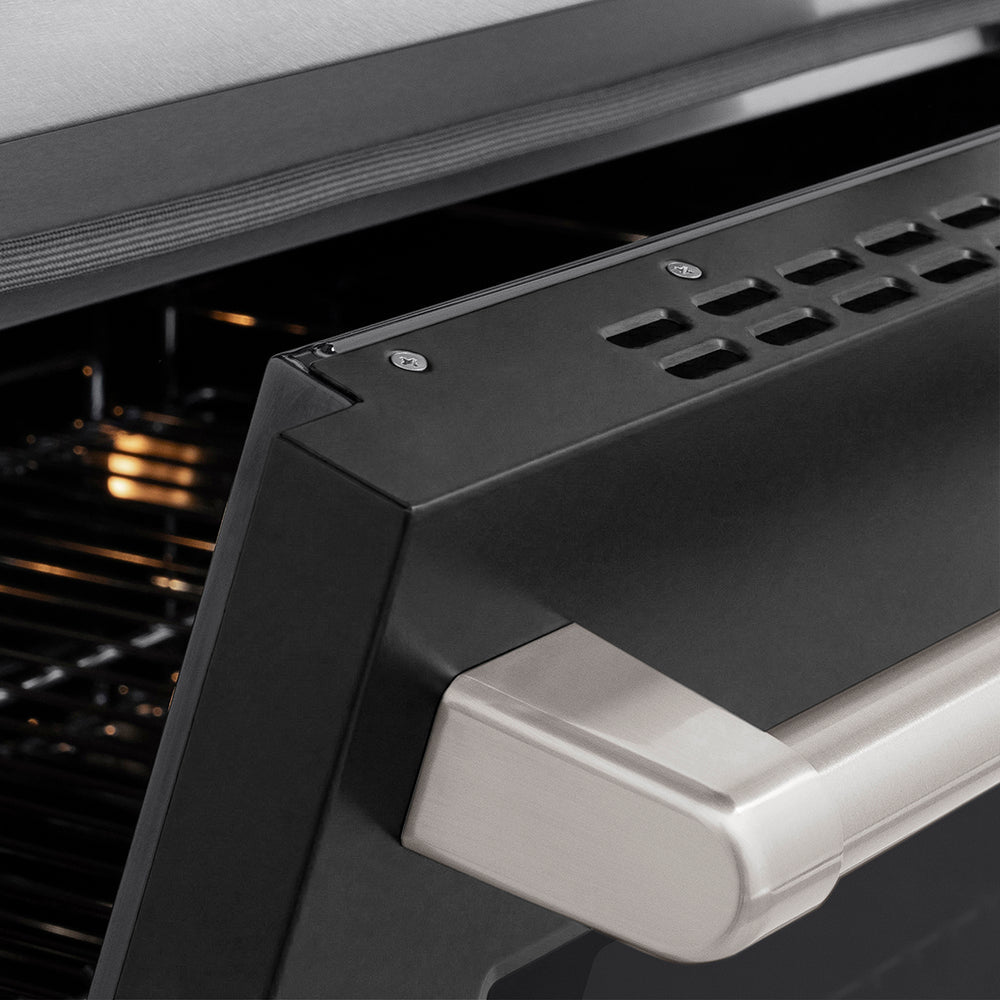 ZLINE Paramount 36-inch range in satin stainless steel with black matte door SINRS-BLM-36, detail