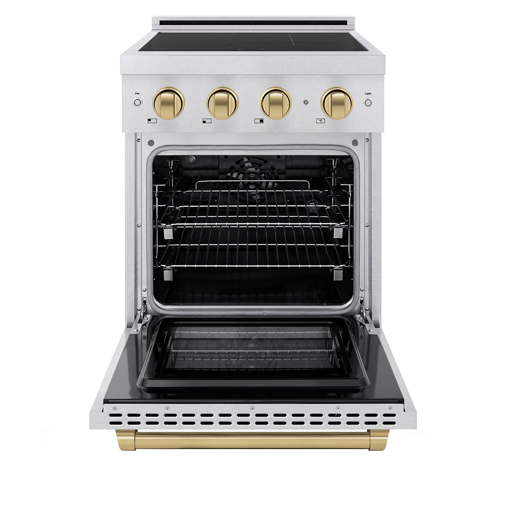 ZLINE Autograph Edition Paramount 24-inch range in satin stainless steel and champagne bronze accents SINRSZ-24-CB, front view