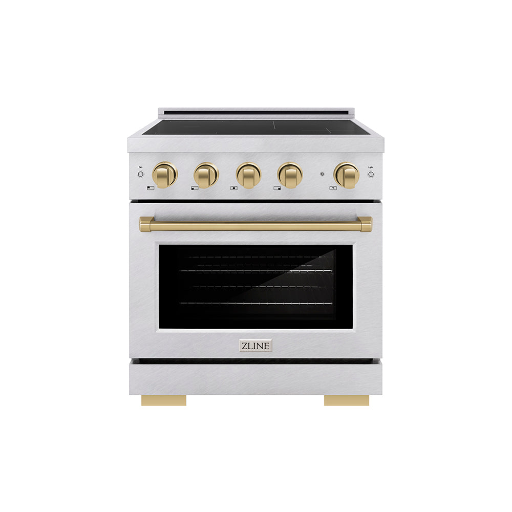 ZLINE Autograph Edition Paramount 30-inch range in satin stainless steel and champagne bronze accents SINRSZ-30-CB