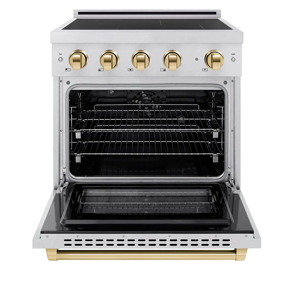 ZLINE Autograph Edition Paramount 30-inch range in satin stainless steel and polished gold accents SINRSZ-30-G, front view