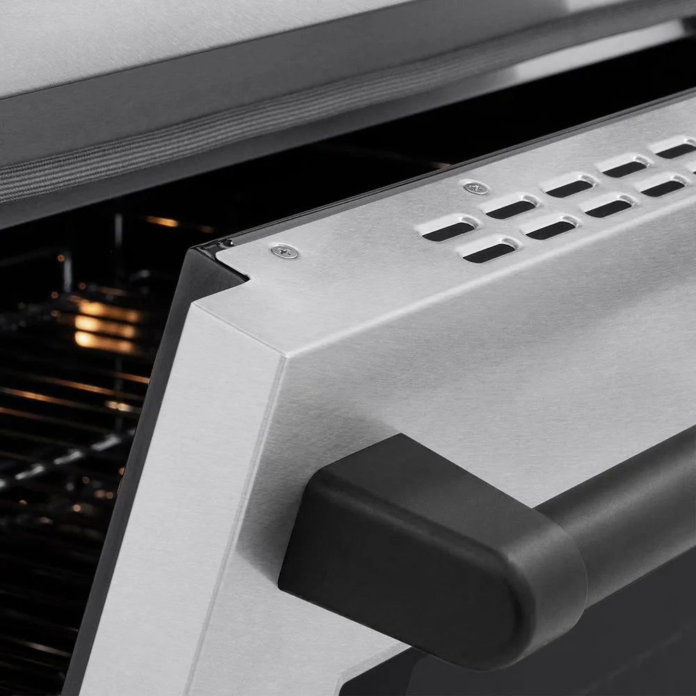 ZLINE Autograph Edition Paramount 30-inch range in satin stainless steel and matte black accents SINRSZ-30-MB, detail