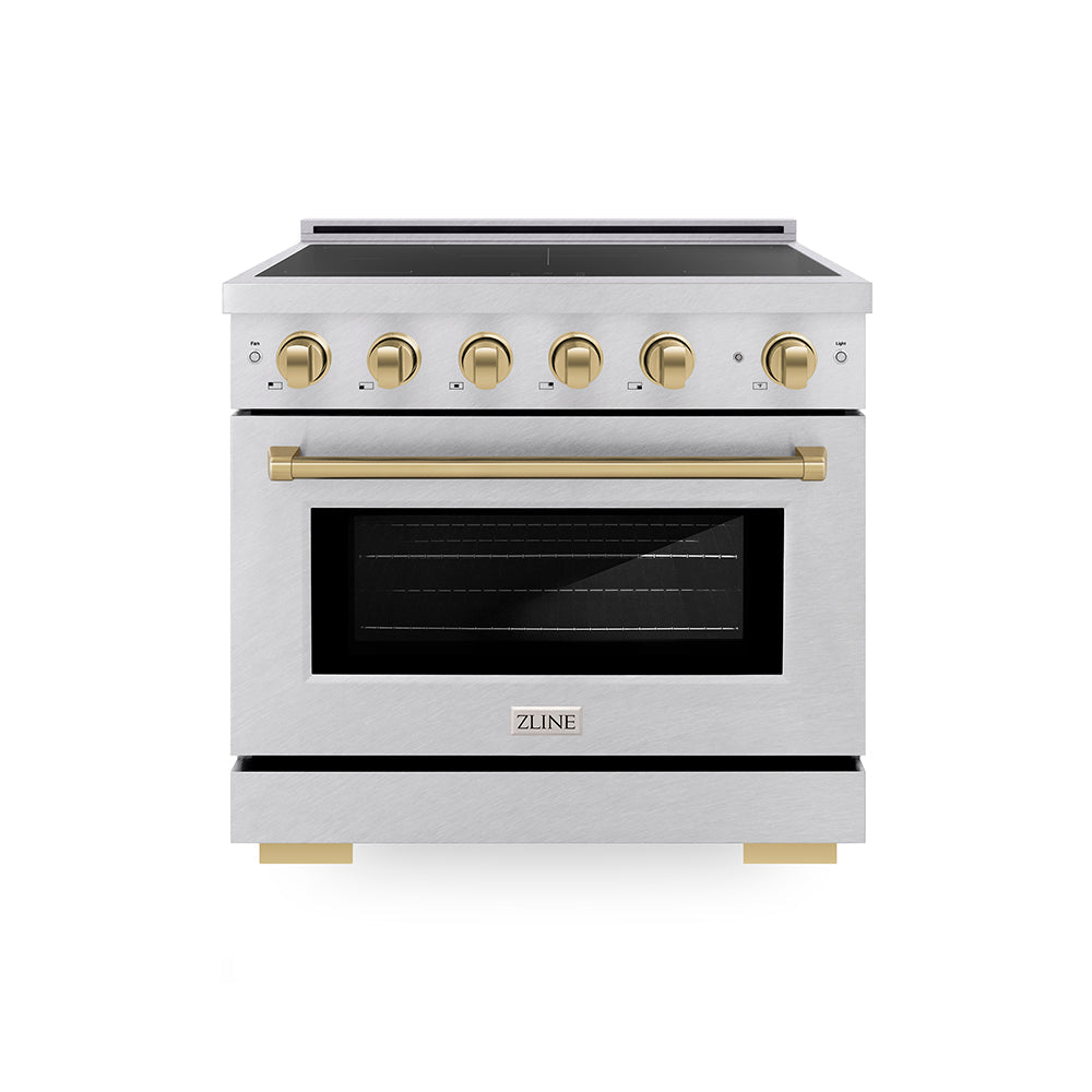 ZLINE Autograph Edition Paramount 36-inch range in satin stainless steel and champagne bronze accents SINRSZ-36-CB