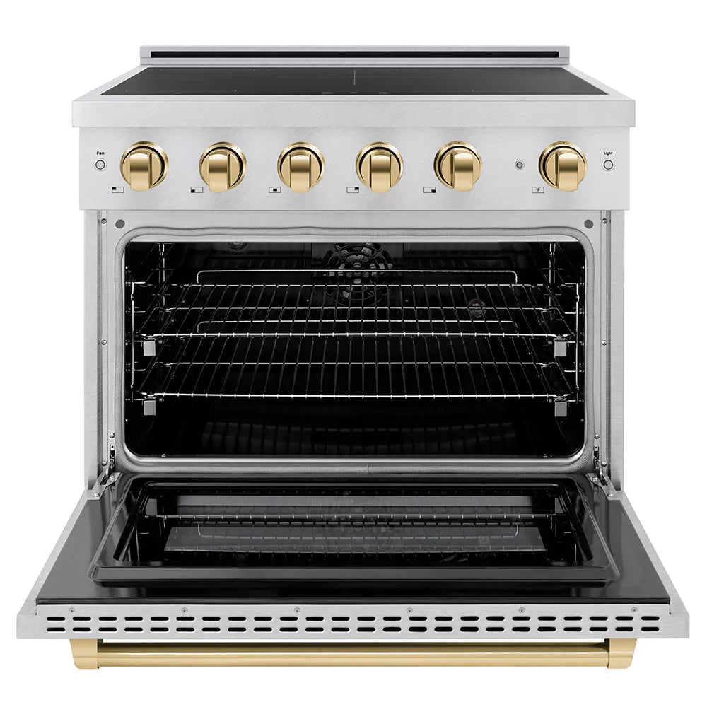 ZLINE Autograph Edition Paramount 36-inch range in satin stainless steel and polished gold accents SINRSZ-36-G, front view