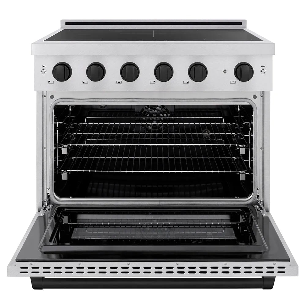 ZLINE Autograph Edition Paramount 36-inch range in satin stainless steel and matte black accents SINRSZ-36-MB, front view