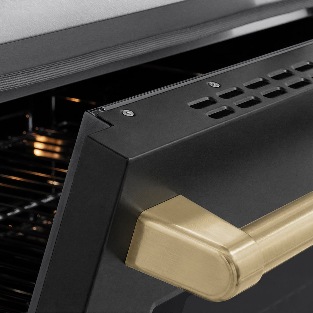 ZLINE Autograph Edition Paramount 36-inch range in satin stainless steel with black matte door and champagne bronze accents SINRSZ-BLM36-CB, detail