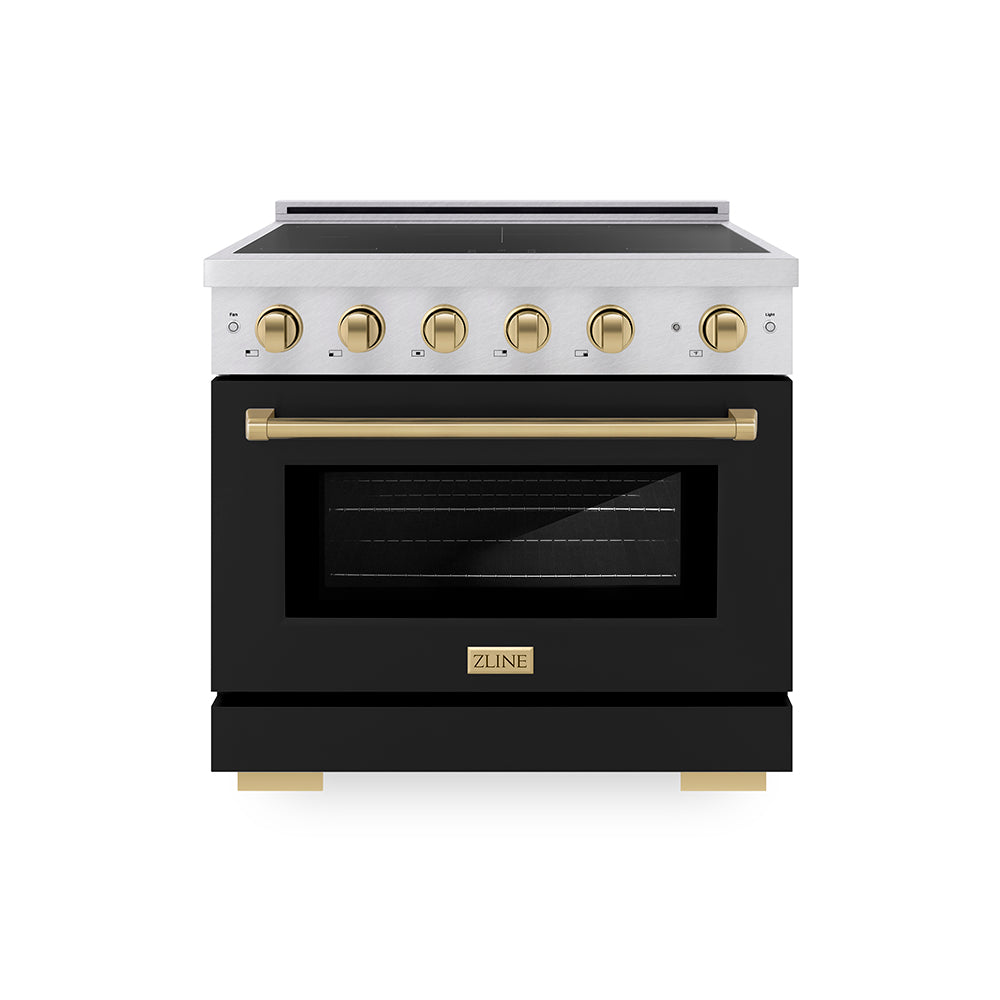 ZLINE Autograph Edition Paramount 36-inch range in satin stainless steel with black matte door and champagne bronze accents SINRSZ-BLM36-CB