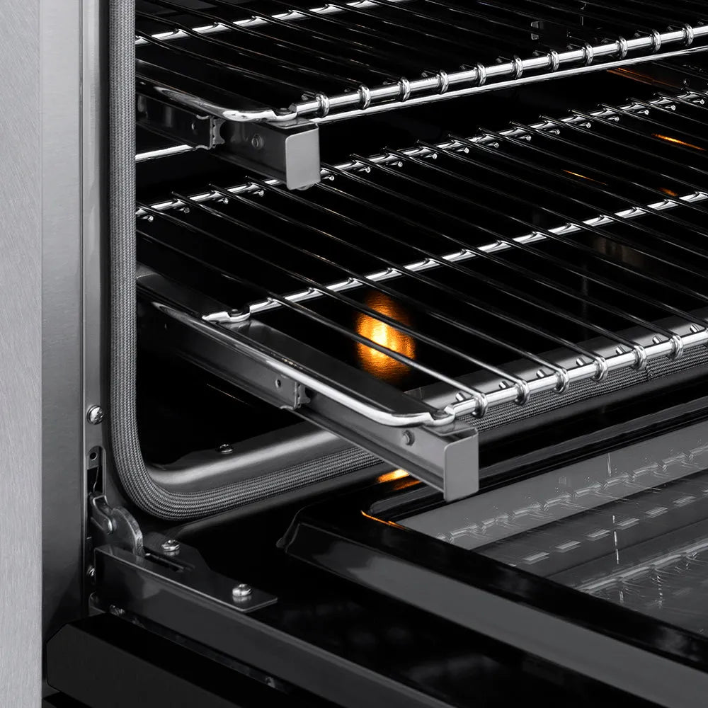 ZLINE Autograph Edition Paramount 36-inch range in satin stainless steel with black matte door and champagne bronze accents SINRSZ-BLM36-CB, detail