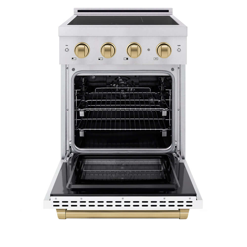 ZLINE Autograph Edition Paramount 24-inch range in satin stainless steel with white matte door and champagne bronze accents SINRSZ-WM-24-CB, front view
