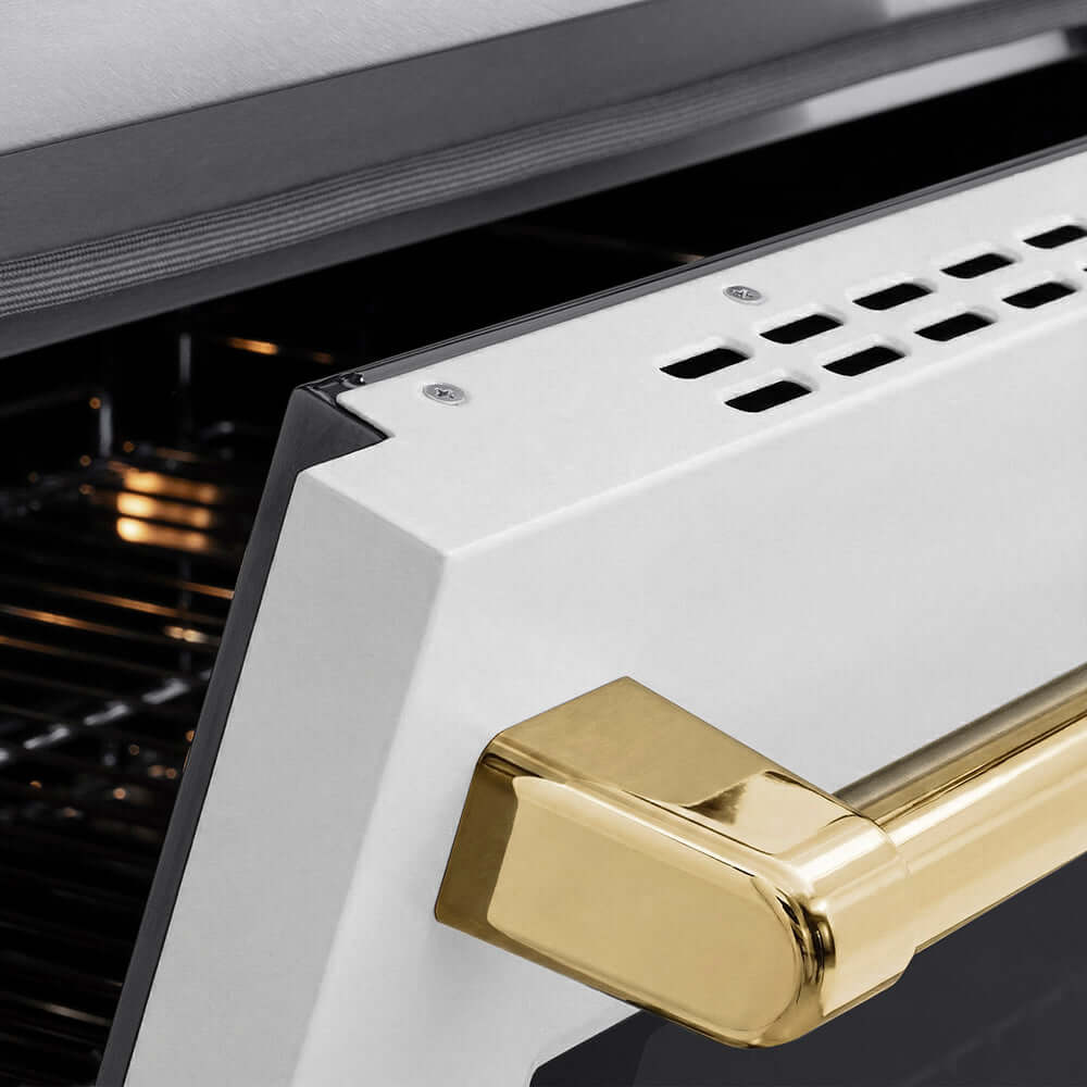 ZLINE Autograph Edition Paramount 24-inch range in satin stainless steel with white matte door and polished gold accents SINRSZ-WM-24-G, detail