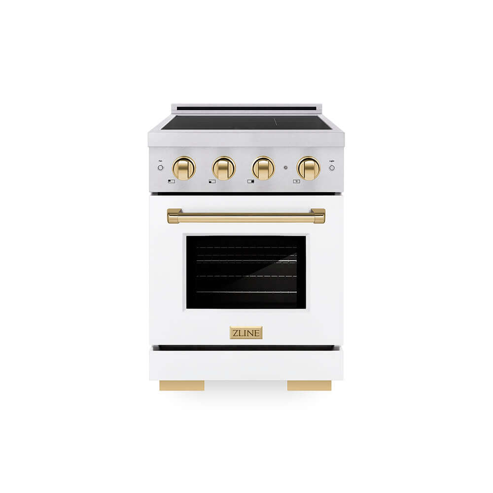 ZLINE Autograph Edition Paramount 24-inch range in satin stainless steel with white matte door and polished gold accents SINRSZ-WM-24-G