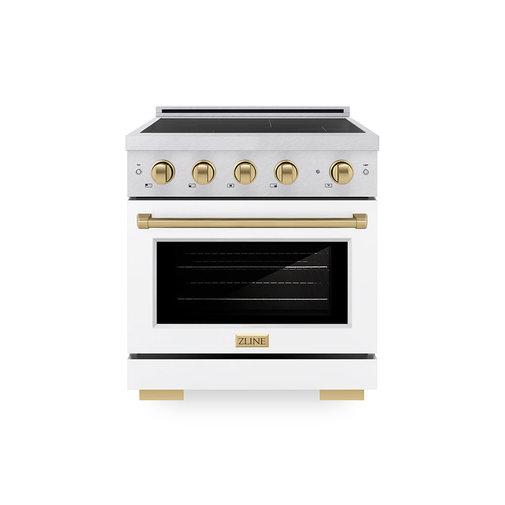 ZLINE Autograph Edition Paramount 30-inch range in satin stainless steel with white matte door and champagne bronze accents SINRSZ-WM-30-CB