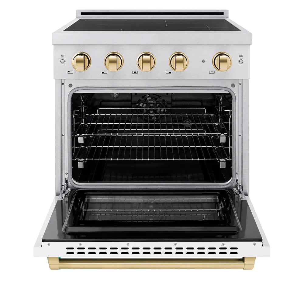 ZLINE Autograph Edition Paramount 30-inch range in satin stainless steel with white matte door and polished gold accents SINRSZ-WM-30-G, front view