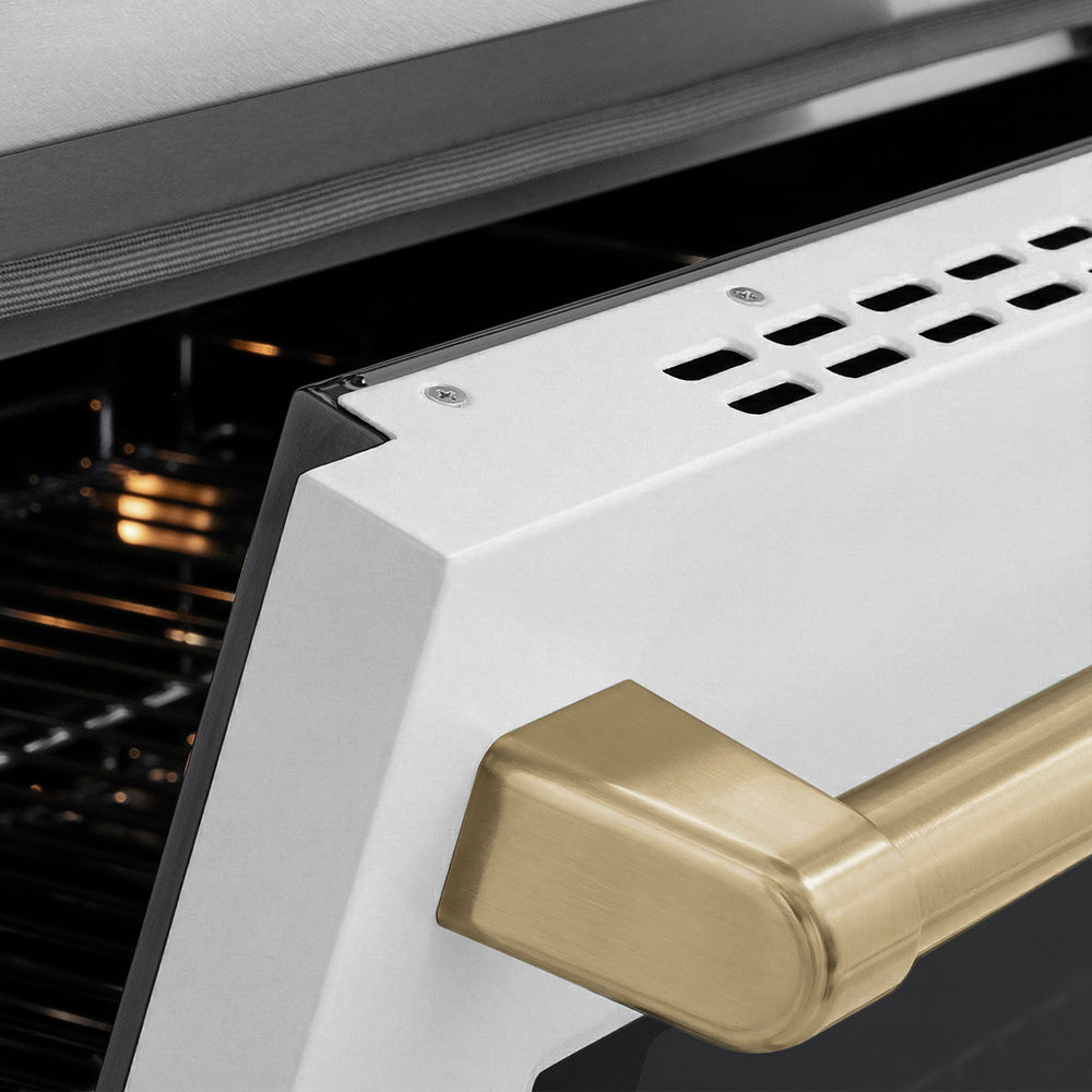 ZLINE Autograph Edition Paramount 36-inch range in satin stainless steel with white matte door and champagne bronze accents SINRSZ-WM-36-CB, detail