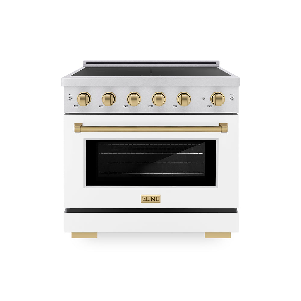 ZLINE Autograph Edition Paramount 36-inch range in satin stainless steel with white matte door and champagne bronze accents SINRSZ-WM-36-CB